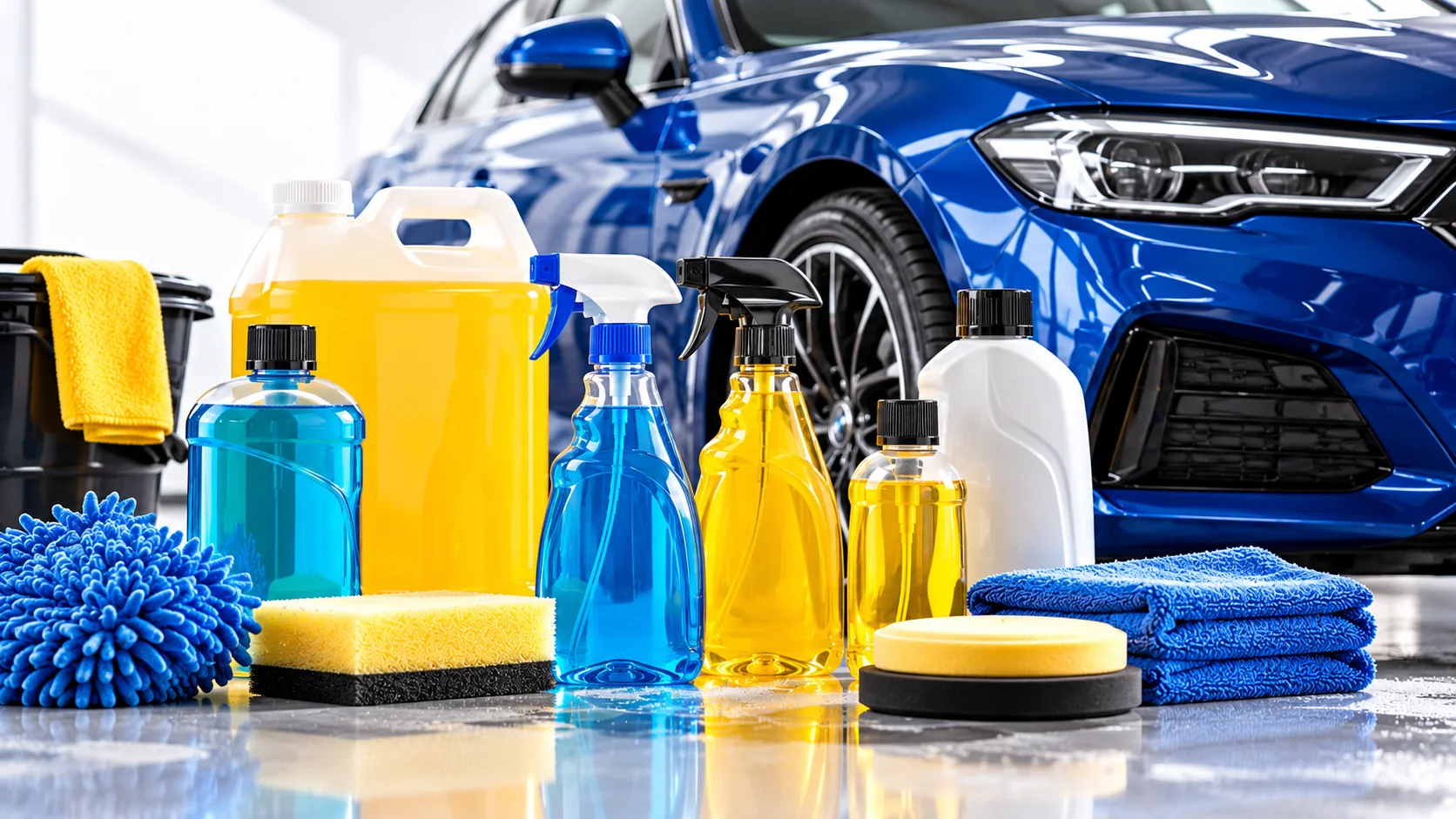 Productos para limpieza y cuidado automotriz junto a un automóvil