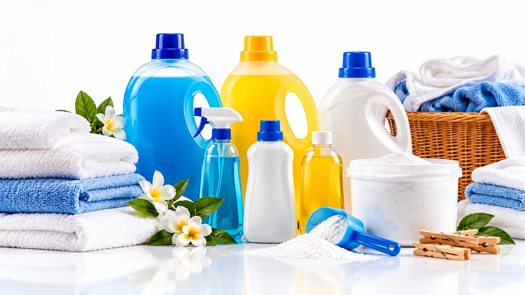 Detergentes y productos para lavandería junto a ropa limpia